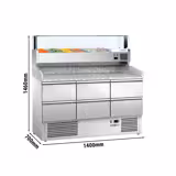 Banco pizza refrigerato ECO - 1400x700mm - con 6 cassetti - piano in granito - con vetrina ingredienti refrigerata superiore LED - 6x GN 1/4