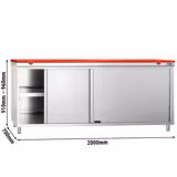 Rozsdamentes acél munkaszekrény PREMIUM - 2000x700 mm - tolóajtós, 2 ajtós - tart.: HACCP vágódeszka, piros