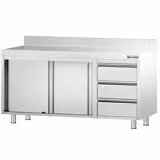 Armoire de travail en inox PREMIUM - 1600x600 mm - avec 3 tiroirs à droite et dosseret