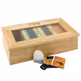 Caja de té de madera - 4 compartimentos - tapa con ventana transparente - sin grabado - Natural - hasta 120 bolsitas