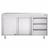 Inox (AISI 304) Radni stol zatvoreni PREMIUM - 1400 x 700 x 870 mm - s kliznim vratima - 3 ladica desno