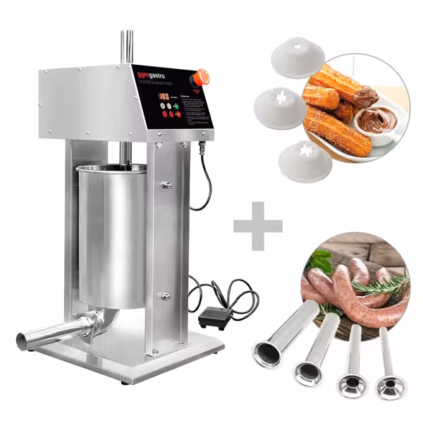 Elektrischer Wurstfüller & Churro-Maschine - 12 Liter - 90 Watt - Edelstahl - inkl. 4 Wurstfüller- & 3 Churro-Aufsätze