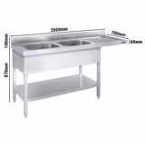 Stół zlewozmywakowy dla zmywarki do naczyń - 2000x700mm - z 2 zlewami po lewej stronie