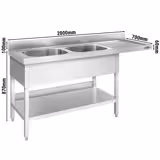 Fregadero con espacio para lavavajillas de acero Inox. - 2,0 m - 2 fregaderos a la izquierda A 60 x P 50 x A 30 cm 
