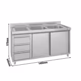 Meuble évier ECO - 1400 x 600 mm - avec 3 tiroirs & 2 bacs à droite
