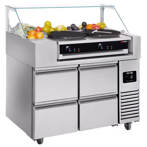 Hazırlık tezgahı - 1210mm - 4 çekmece - 9x 1/6 GN kaplar için - 2 pleytli krep makinesi dahil