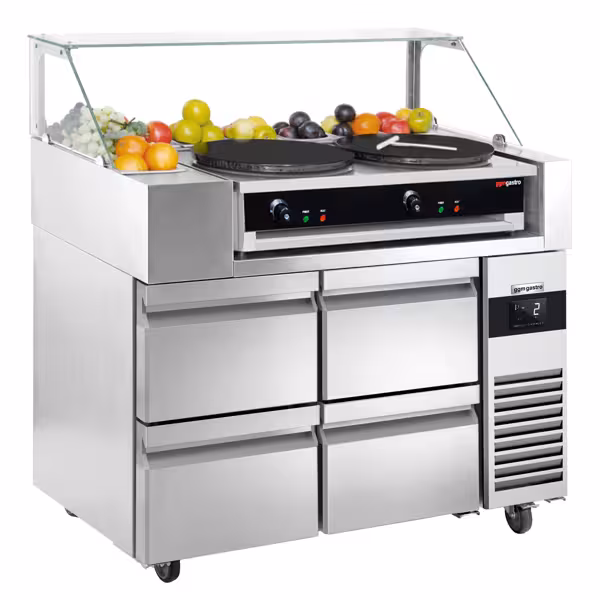 Tillberedningsbord - 1,21 x 0,7 m - med 4 lådor 1/2 - inkl. crepes enhet med 2 plattor