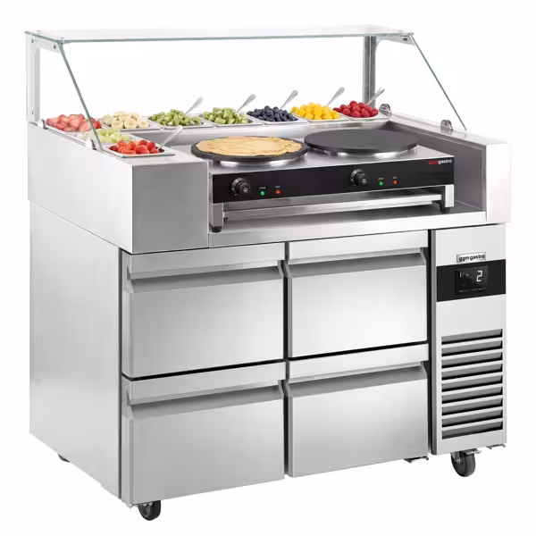 Zubereitungstisch - 1210mm - 4 Schubladen - für 9x 1/6 GN-Behälte - inkl. Crêpes-Gerät mit 2 Platten