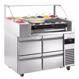 Comptoir de préparation réfrigéré professionnelle - 1210x700mm - avec 4 Tiroirs - Vitrine réfrigérée 9x GN 1/6 - incl. Crêpière à 2 Plaques & Spatule en bois