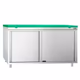 Acero inoxidable Mesa con puertas correderas PREMIUM - para frutas y verduras - 1600x800mm - con estante intermedio - incl. Tabla de corte Verde