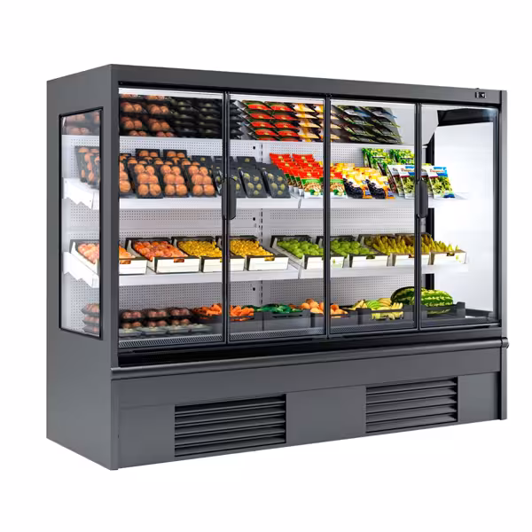 Murale Refrigerato Professionale - 2580mm - 1408l - +4°/+6°C - con 4 porte a battente in vetrocamera & 2 ripiani - Antracite (RAL7016)