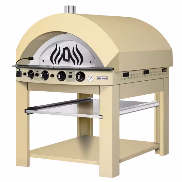 Gas pizzaoven - 1 kamer - 1x9 pizza’s Ø25cm - tot 400°C - Handmatig - cremegeel - incl. onderstel met onderbodem en plank