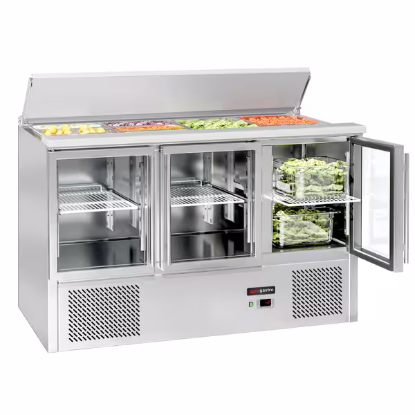 Salátahűtő pult ECO - 1368 mm - 3 üvegajtó - süllyesztett GN-feltéthűtővel, 4x GN 1/1 számára - rozsdamentes acél fedél