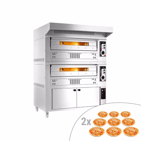 Gas pizzaoven (chamotte bakvloer) - 1450x1800x1960mm - 2 kamers - 2x9 pizza’s Ø33cm - tot 370°C - Handmatig - incl. rvs afzuigkap & rijskast