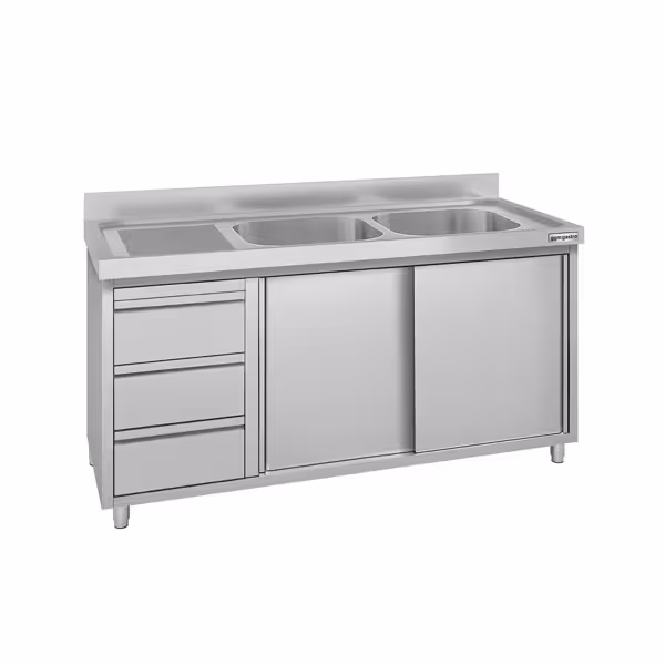 Meuble plonge ECO - 1400 x 600 mm - avec 3 tiroirs & 2 bacs à droite