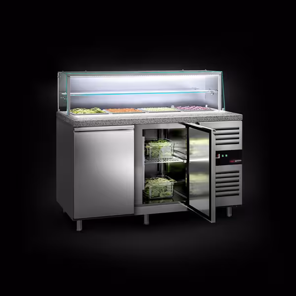 Stół Sałatkowy PREMIUM - 1515mm - 2 drzwi - dla 4x GN 1/1 - szklana nadstawka- 1 półka - oświetlenie LED	