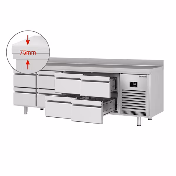 Koelwerkbank PREMIUM PLUS - 2452x700mm - 625 liter - met 8 lades - opstand