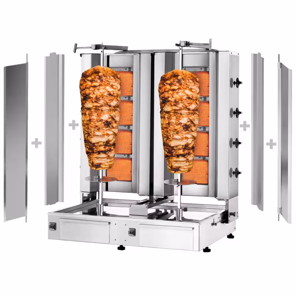 Gas Doner Kebab Grill (Shawarma/Gyros) - Twin x 4 Burner - up to 120kg - 26kW - incl. 2 splash guards & 2 double doors - For CE
