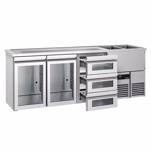 Dispensador de cerveza de barril PREMIUM - 2x 50 litros - 2500x700mm - 2 puertas de cristal & 3 cajones de cristal