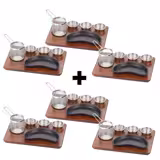 (6 pz) Set per il servizio fajitas - 6 pezzi - padella in ghisa antiaderente; ciotoline e cestello in acciaio inox AISI304; piastra/board in MDF effetto legno - 350x260mm