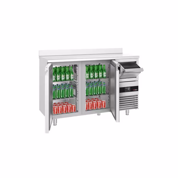 Barový chladicí stůl PREMIUM - 1580x600 mm - se 2 dveřmi, zadní lištou & odklepávačem na kávu