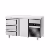 Hűtött munkaasztal PREMIUM - 1400x700 mm - GN 1/1 - 281 liter - ventilációs - 1 ajtóval - 3 fiókkal - vágódeszkával - fehér