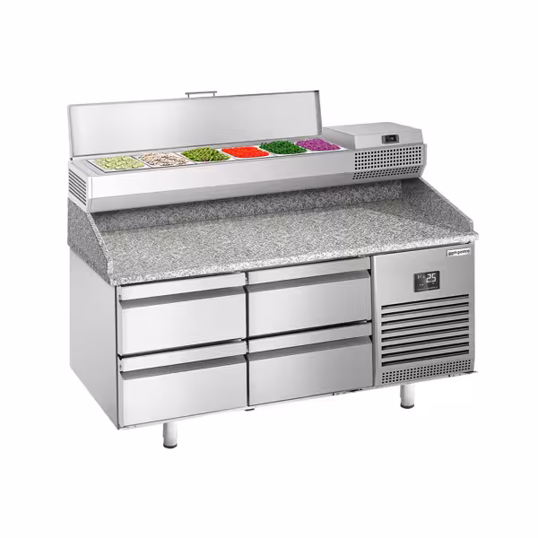 Pizzawerkbank PREMIUM PLUS - 1490x700mm - met granieten werkblad - met 4 laden - incl. opzetkoelvitrine - 6x GN 1/4