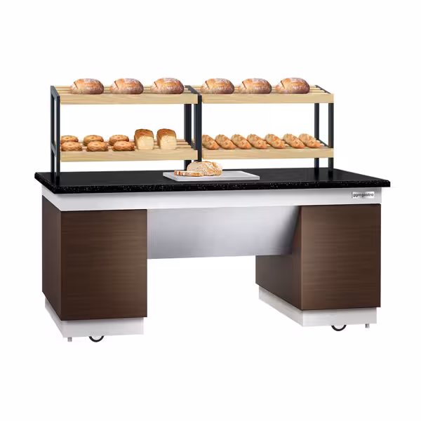 Commercial bread display rack - DUBLIN - 2000 mm - with castors - black granite worktop