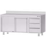 Szafka robocza ze stali nierdzewnej ECO - 1800x600 mm - z 3 szufladami po prawej stronie i panelem tylnym