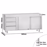 Arbetsskåp i rostfritt stål ECO - 1800x600 mm - med 2 skjutdörrar, 3 lådor vänster