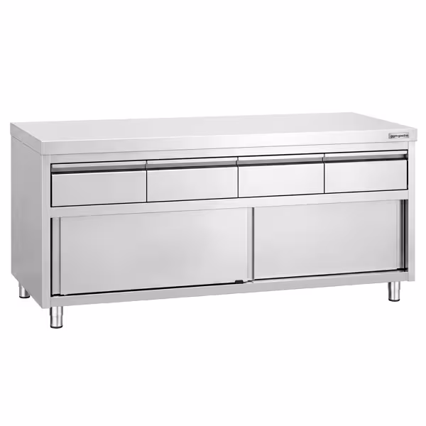 Arbetsskåp i rostfritt stål PREMIUM – 2000 x 600 mm – med 4 lådor och skjutdörr