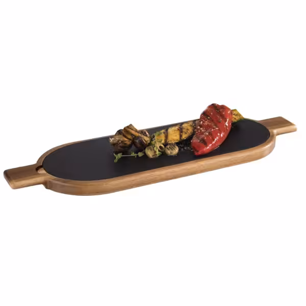 (6 st) Serveringsbräda - FUSIONA - 2-delat set - inkl. naturskifferplatta - lackerat akacieträ - 500x150x20 mm - oval
