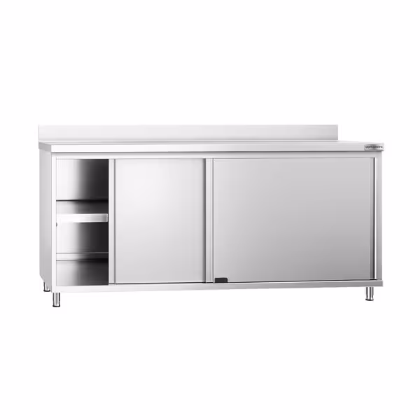 Tavolo armadiato in acciaio inox PREMIUM - 1800x700mm - con porta scorrevole e alzatina