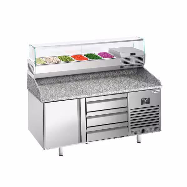 Pizzakühltisch Premium PLUS - 1490x700mm - mit 1 Tür & 3 Schubladen - inkl. Kühlaufsatzvitrine - 6x GN 1/4
