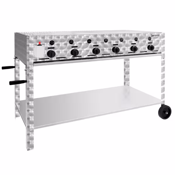 Kaasugrilli - 22,5 kW - 6 poltinta - sis. siirrettävän jalustan, grillaustelineen ja tarjottimen.