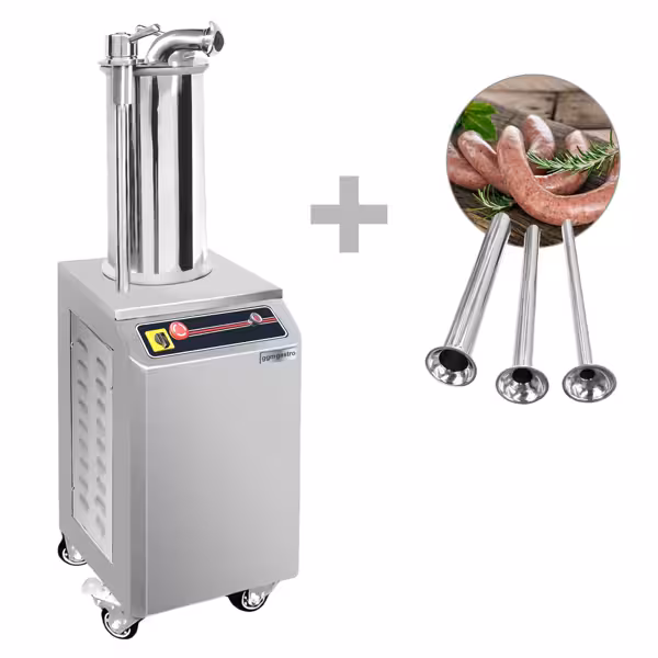 Enchedor de salsichas hidráulico - 15L - 750W - aço inoxidável - com comando por pedal e 3 tubos de enchimento
