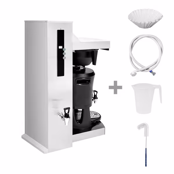 Filterkoffiemachine - 5 liter - 4,5 kW - met automatische watertoevoer (vaste wateraansluiting) & heetwateraftap - incl. thermoskan 5L; filterhouder; 25 filters 523mm; reinigingsborstel; maatbeker; watertoevoerslang