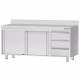 Table armoire en acier inoxydable ECO - 2000x600mm - avec portes coulissantes, 3 tiroirs à droite et étagère basse - avec dosseret