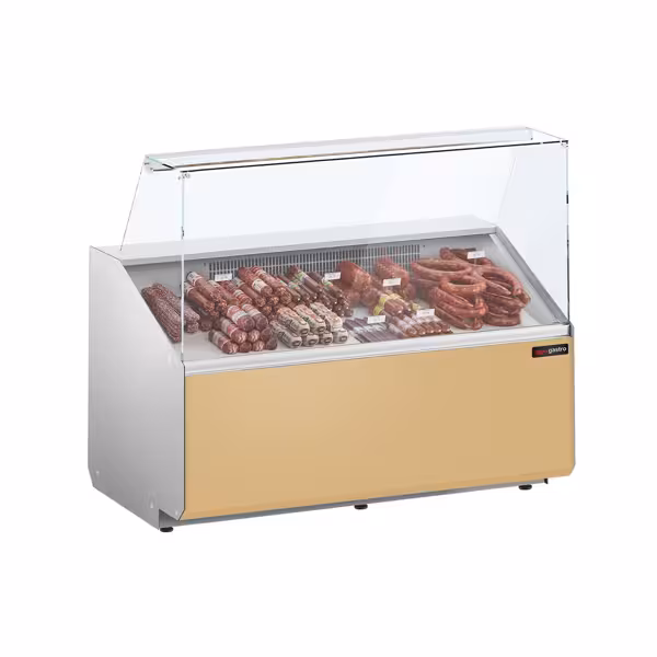 Vitrină frigorifică orizontală - 1256x979 mm - 262 L - culoare bej - panou frontal bej - cu servire asistată - geam frontal drept - spate cu 2 uși