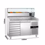 Table réfrigérée à pizza ECO - 1500 x 800 mm - avec 1 porte et 7 tiroirs - incl. vitrine réfrigérée - 7 x GN 1/4