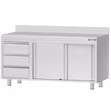 Tavolo armadiato in acciaio inox ECO - 1600x700mm - con 2 porte scorrevoli + 3 cassetti a sinistra - con alzatina