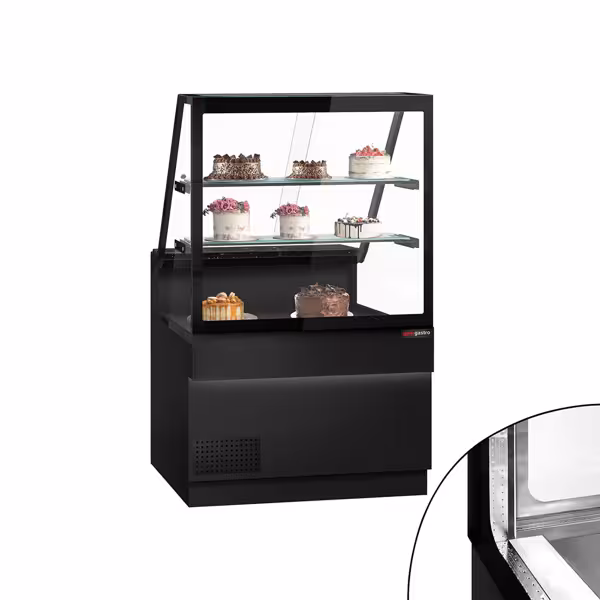 Koeltoonbank TORONTO - 1000x880mm - front zwart - dubbel glas - met 2 legborden - granieten werkblad