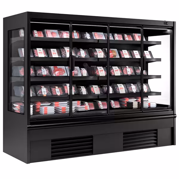 Expositor mural refrigerado - 2580mm - 1605L - com 4 portas em vidro duplo & 4 prateleiras - Preto