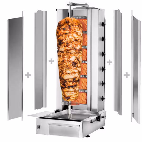Gas Doner Kebab Grill (Shawarma/Gyros) - 6 Burner - up to 100kg - 19.5kW - incl. 2 splash guards & 2 double doors