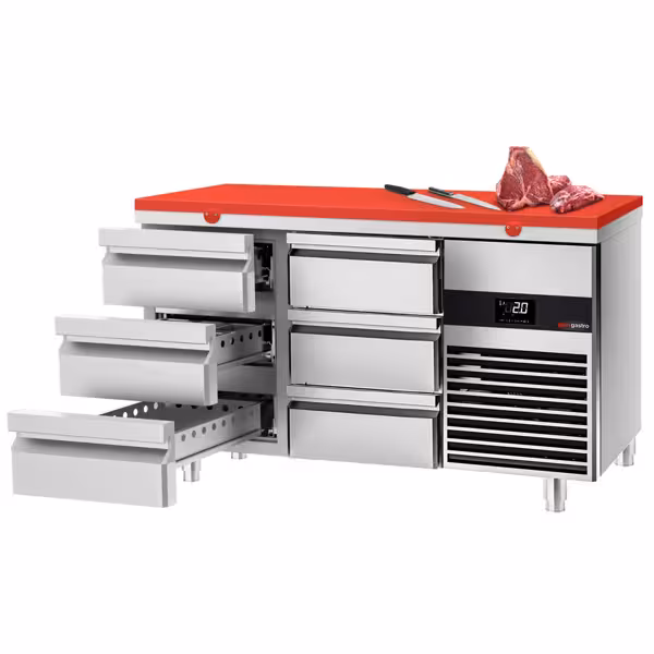 Koelwerkbank PREMIUM - 1400x700mm - met 6 lades - incl. snijplaat rood