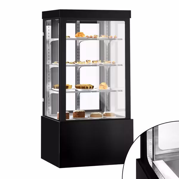 Vetrina pasticceria refrigerata - 850l - 1000mm - Doppio vetro - con 3 ripiani - porte posteriori scorrevoli; LED interni; 4 lati vetro - Nero