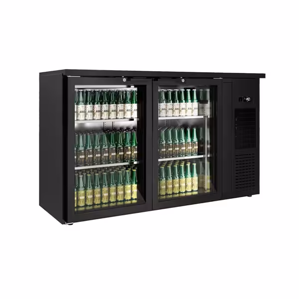 Commercial Back Bar Bottle Cooler PREMIUM PLUS - 1435x512mm - 264L - with 2 Hinged Glass Doors, LED lighting, locks, auto defrost, fan-assisted cooling - Black