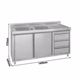 Meuble évier ECO - 1400 x 600 mm - avec 3 tiroirs & 2 bacs à gauche