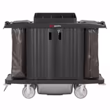 Carrello di servizio - chiuso - 3 ripiani a vassoio con bordo, 2 sacchi biancheria, vano con serratura, paracolpi, ruote 2 con freno