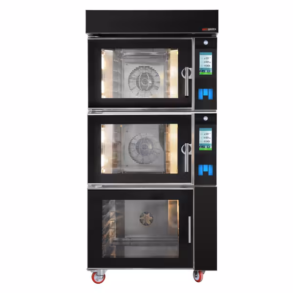 Elektrisch Bakkerij heteluchtoven met stoomfunctie - Touchscreen - 2x 600x400mm - incl. rijskast - met wateraansluiting & stoomfunctie - zonder rekwagen - zwart